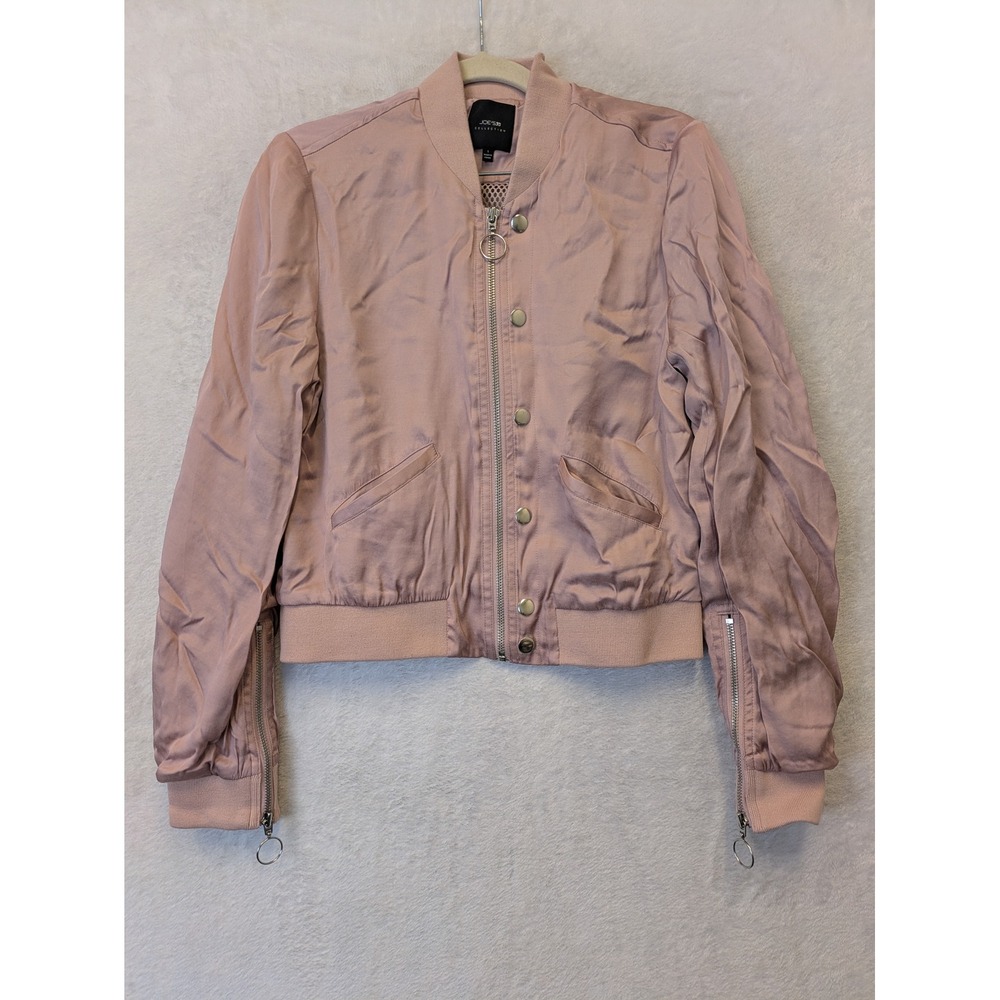 JOES Collection Womens Pink Satin Bomber Jacket Zipper Pockets Size S‎